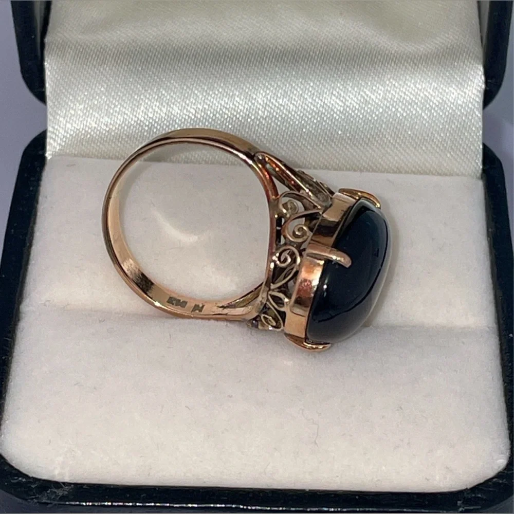 Solid 14K Yellow Rose Gold Natural Black Jade Oval Ring Vintage Estate